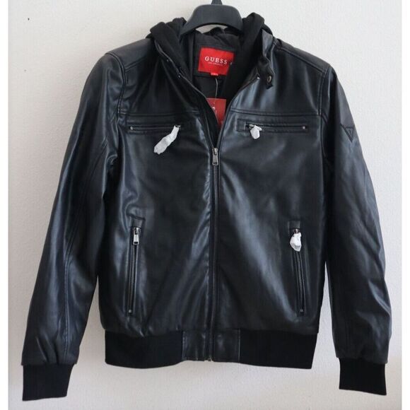 GUESS Men's Sz S Jet Black Faux-Leather Detachable-Hood Motorcycle Jacket - Picture 1 of 13